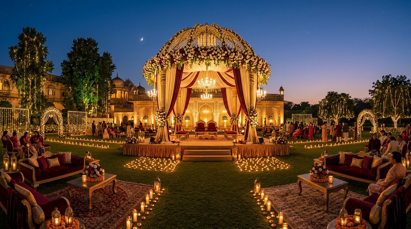 Panoramic luxury wedding venue with grand mandap and ambient lighting in Mumbai